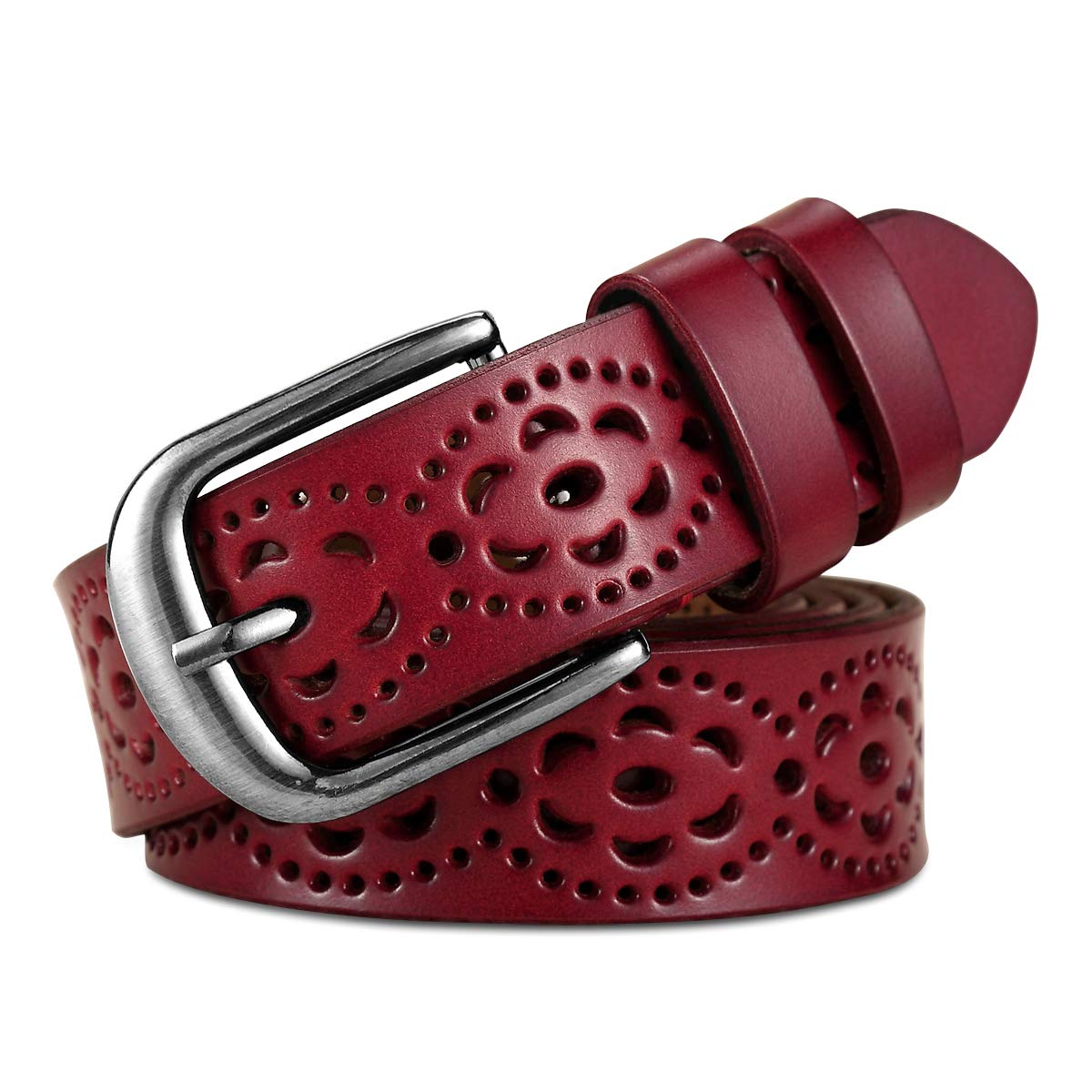 Lalafancy Vintage Genuine Cowhide Leather Women's belt Fashion Hollow Flower Design Ladies Waist Belt with Alloy Buckle for Jeans (Red)