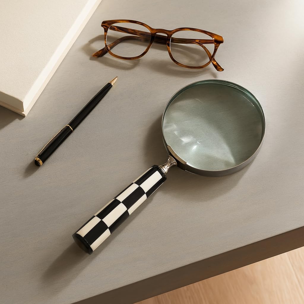 Decorative Magnifying Glass with Geometric Handle for Home Decor - Elegant Office Desk Accessory, Living Room, or Shelf Accent - Ornament for Coffee Table Decor or Entryway - 1", Black & White