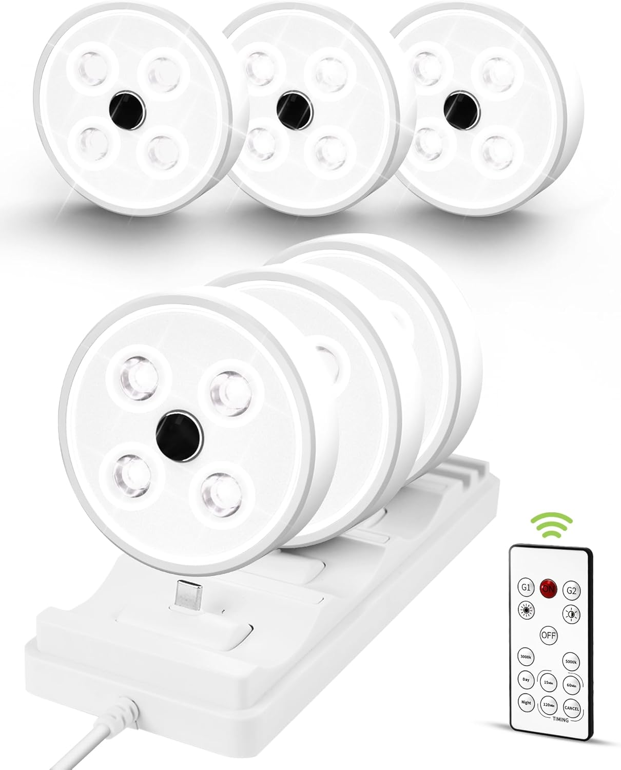 EZVALO Puck Lights with Remote 6 Pack, Rechargeable Under Cabinet Lights with Charging Station, 2 Color Temps Motion Sensor Lights Group Control, Dimmable LED Puck Lights for Kitchen, Bedroom, Shelf 6Pack with Station