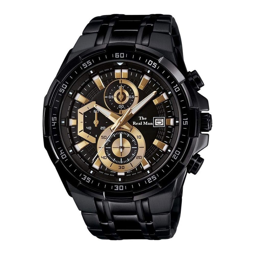 Vilen Edific Mens Stainless Steel Full Black Golden Dial Luxury Chronograph Watch For Man Premium Watch