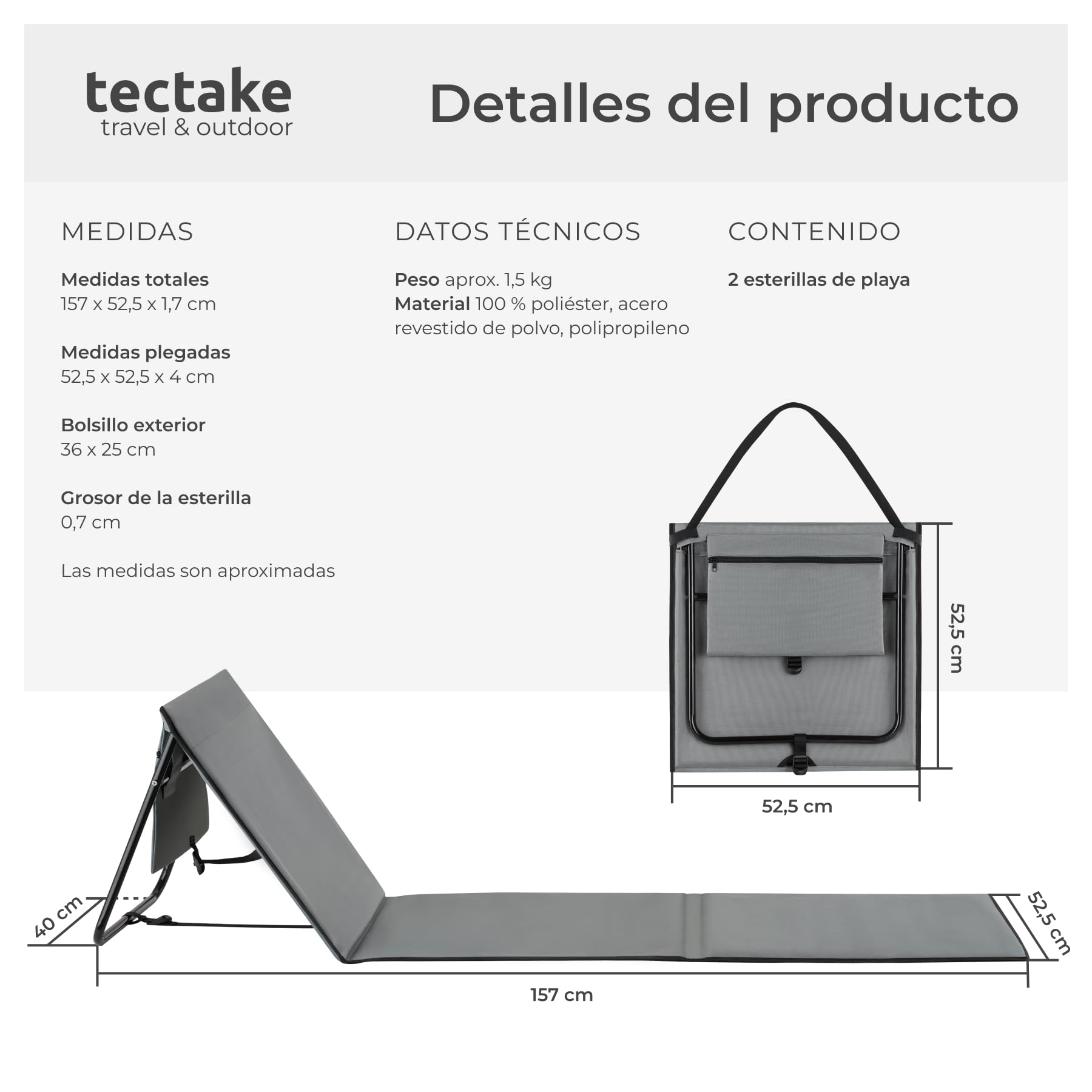 tectake® Set de 2 Esterillas de Playa Plegables con Respaldo Ajustable, Tumbona Plegable Ligera, Tumbona Playa con Asa de Transporte y Relleno de Espuma, Tumbonas Jardín Exterior, Piscina, Camping