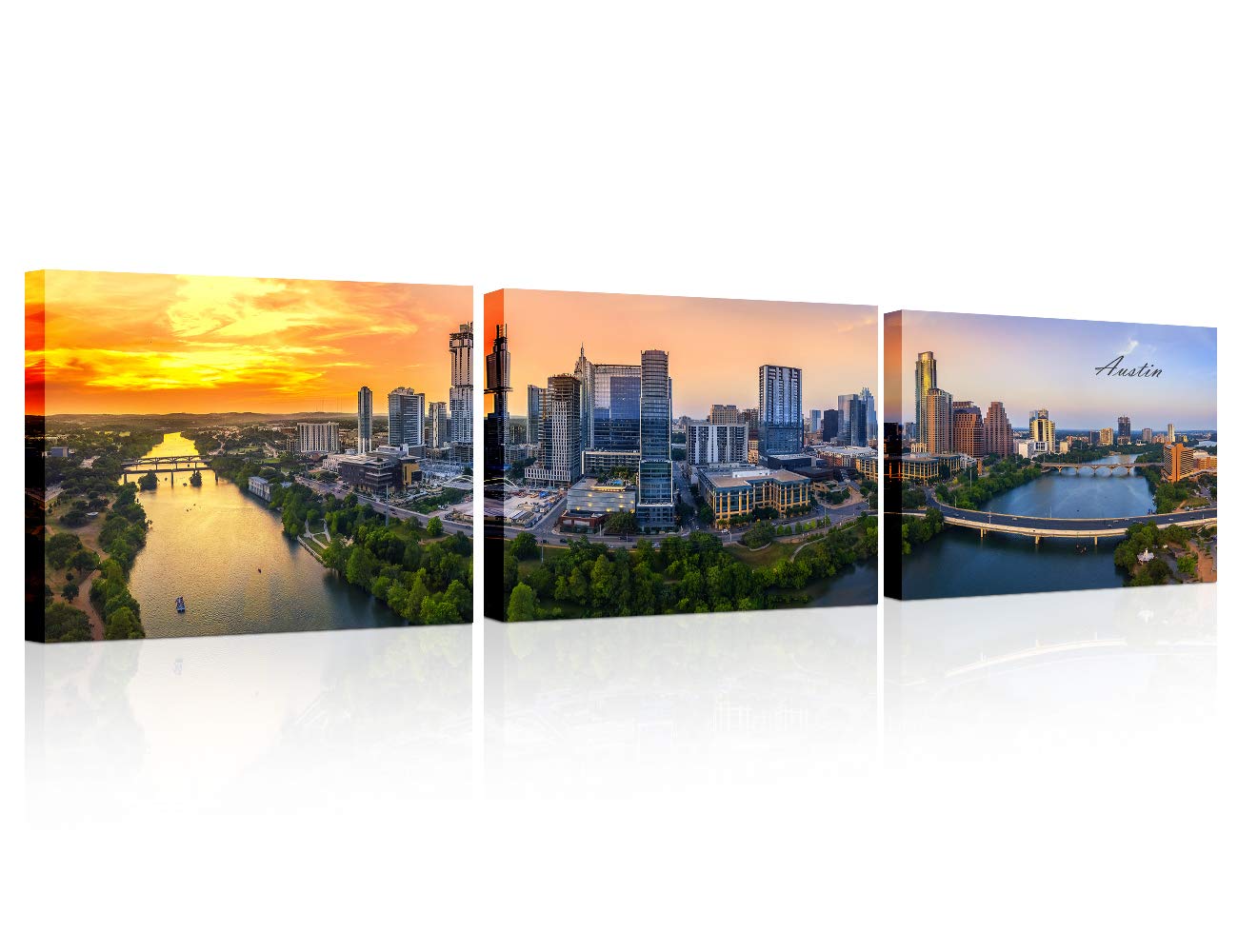 TUMOVO3 Panel Austin Texas Skyline Canvas Wall Art Panoramic Downtown Sunset Cityscape Home Decor Modern Bathroom Decor Wall Art Stretched and Framed Ready to Hang 14x20 inch x3