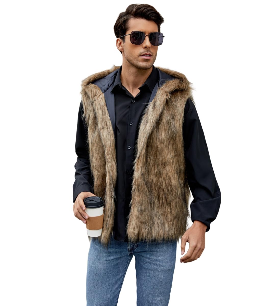 Amazon.com: Idopy Men`s Luxury Faux Fur Hoodie Coats Sleeveless