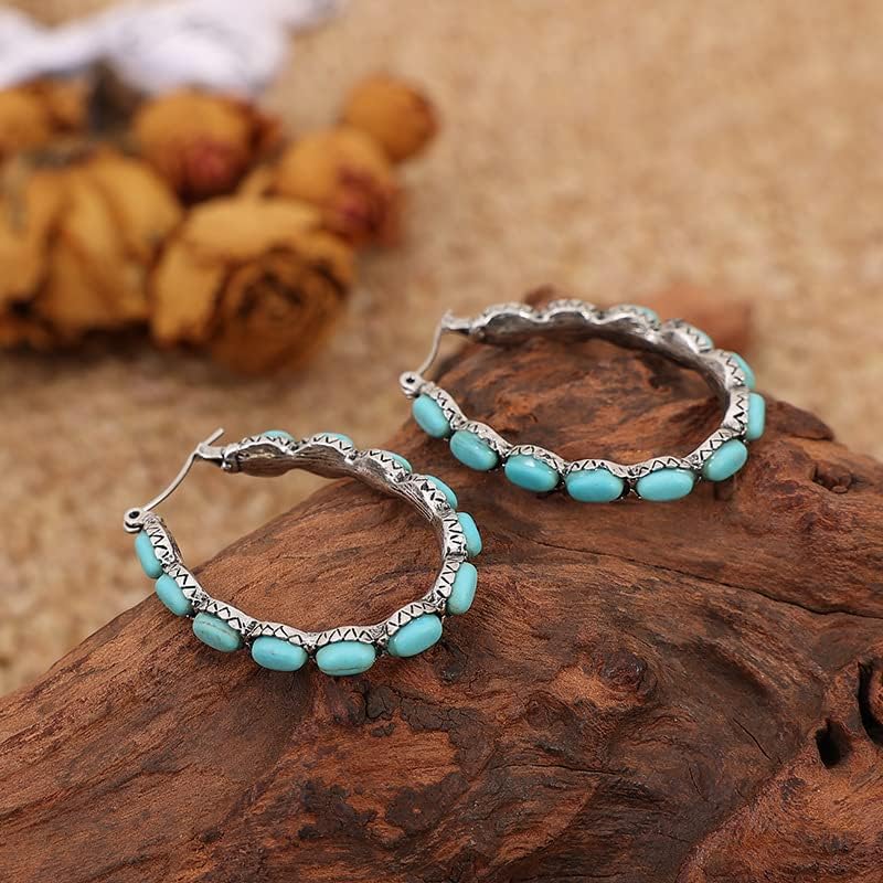 Natural Turquoise Dangle Metal Large Oval Earrings Vintage Statement Teardrop Earrings Bohemian Delicate Hoop Earrings for Women(O) - Image 4