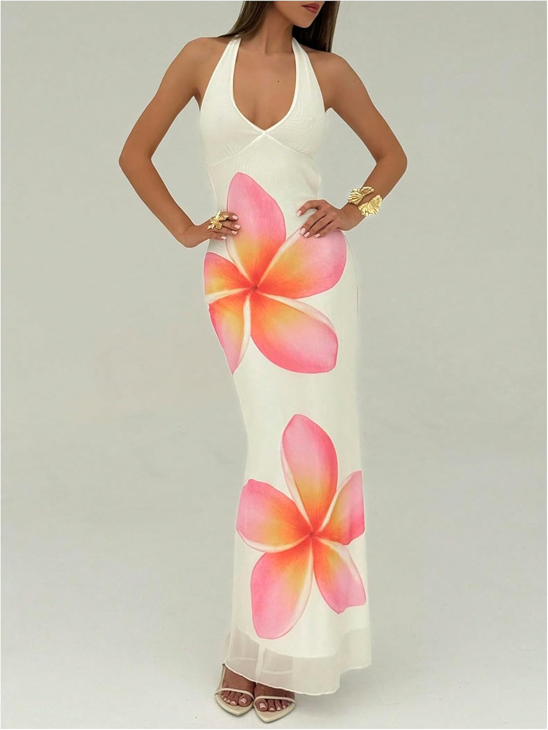 SOLY HUX Women's Floral Print Tie Backless Halter Dress Deep V Neck Bodycon Maxi Mesh Dresses - Image 5