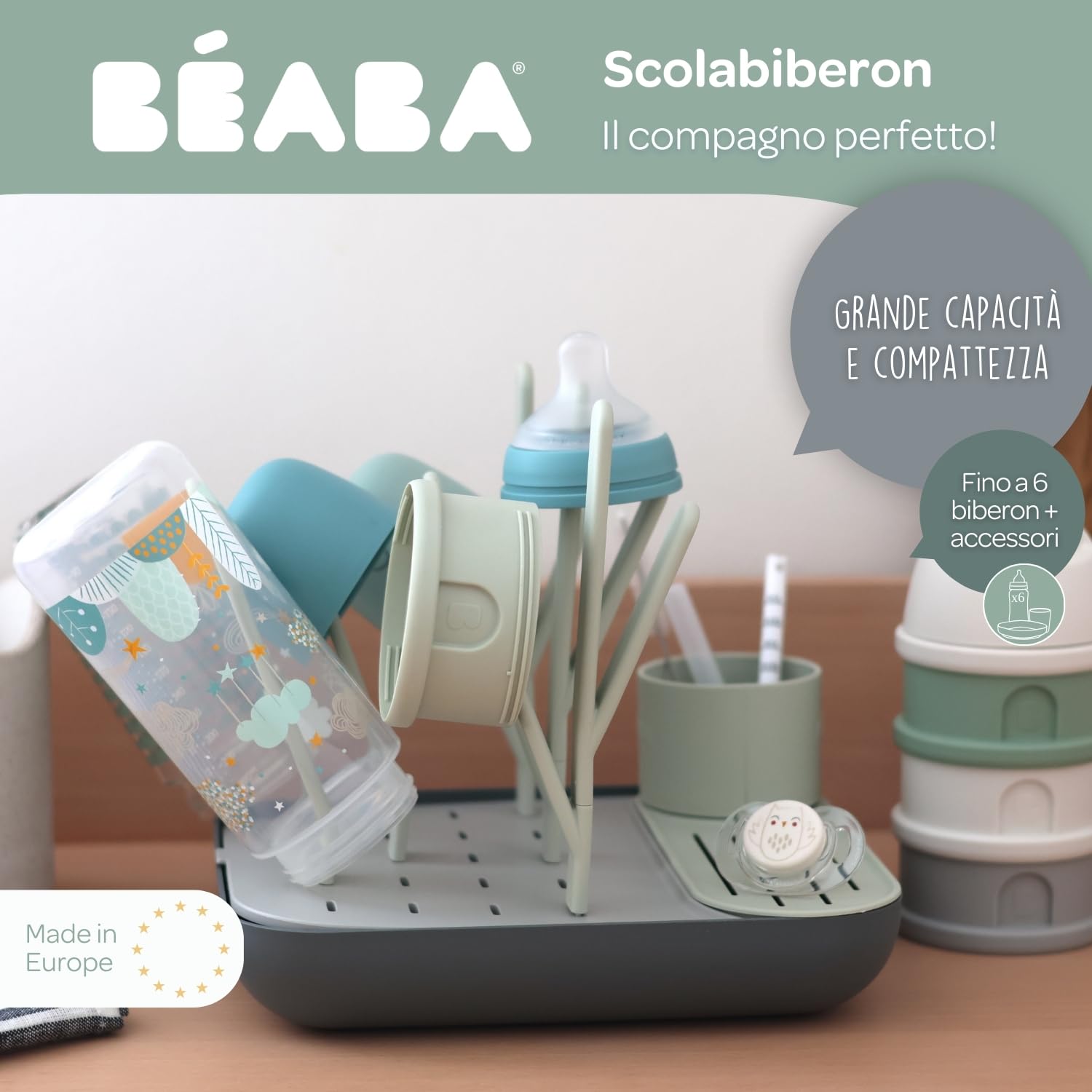 BEABA, Scolabiberon E Asciugabiberon, Grande Capacità, Modulare, Fino A 6 Biberon E Stoviglie Per Bambini, Vaso Accessorio, Drenaggio Ottimizzato, Facile Da Riporre, Compatto, Pratico, Salvia/Minerale