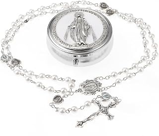 6mm Glass Pearl Rosary Beads Catholic for Women, Virgin Mary Our Lady of Guadalupe Medal, Hematite Stone Saint Benedict Rosary, Bead Necklace First Communion Gifts with Metal Gift Box