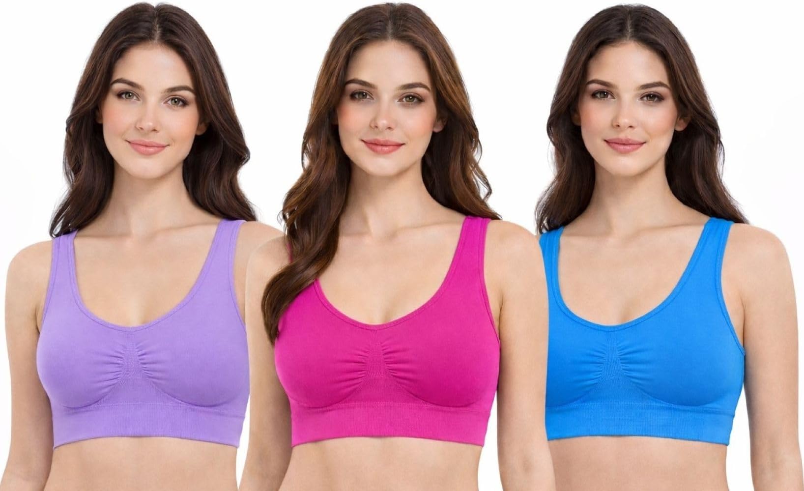 3 Pack Comfort Bra Padded Women Girls Crop Top with Pads Seamless Sleep Yoga Bralette Leisure Stretch Sports Vest Wide Straps Value Pack