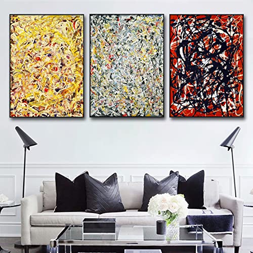 Invin Art Framed Canvas Giclee Print Art Combo Painting 3 Pieces By Jackson Pollock Wall Art Series#1 Living Room Home Office Decorations(Black Slim Frame,24"X32"Each Piece) #TOP10