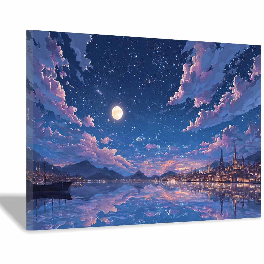 HOQIU Vintage wall art Moonlit Citiesx scape Viewss decorative painting, wall art, for Living Room Bathroom Bedroom Kitchen Decoration.(Multicolor)-30x40cm Framed