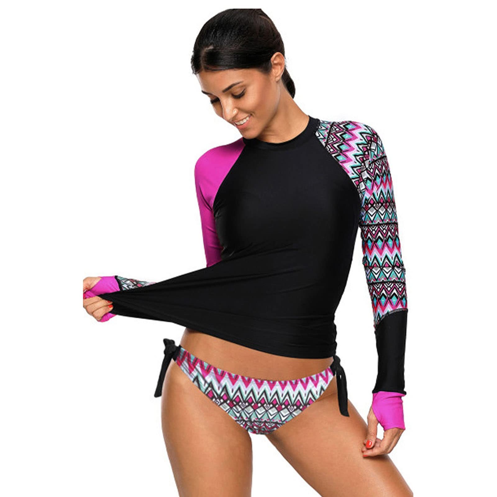 Mädchen Lange Ärmel Badebekleidung Zwei Teil Tankini Lace Up Höschen Schnelltisch Badeanzug Sommer Strand Sonnenuhr Tropische Urlaub Schwimmbekleidung (Color : Pink, Size : XS)