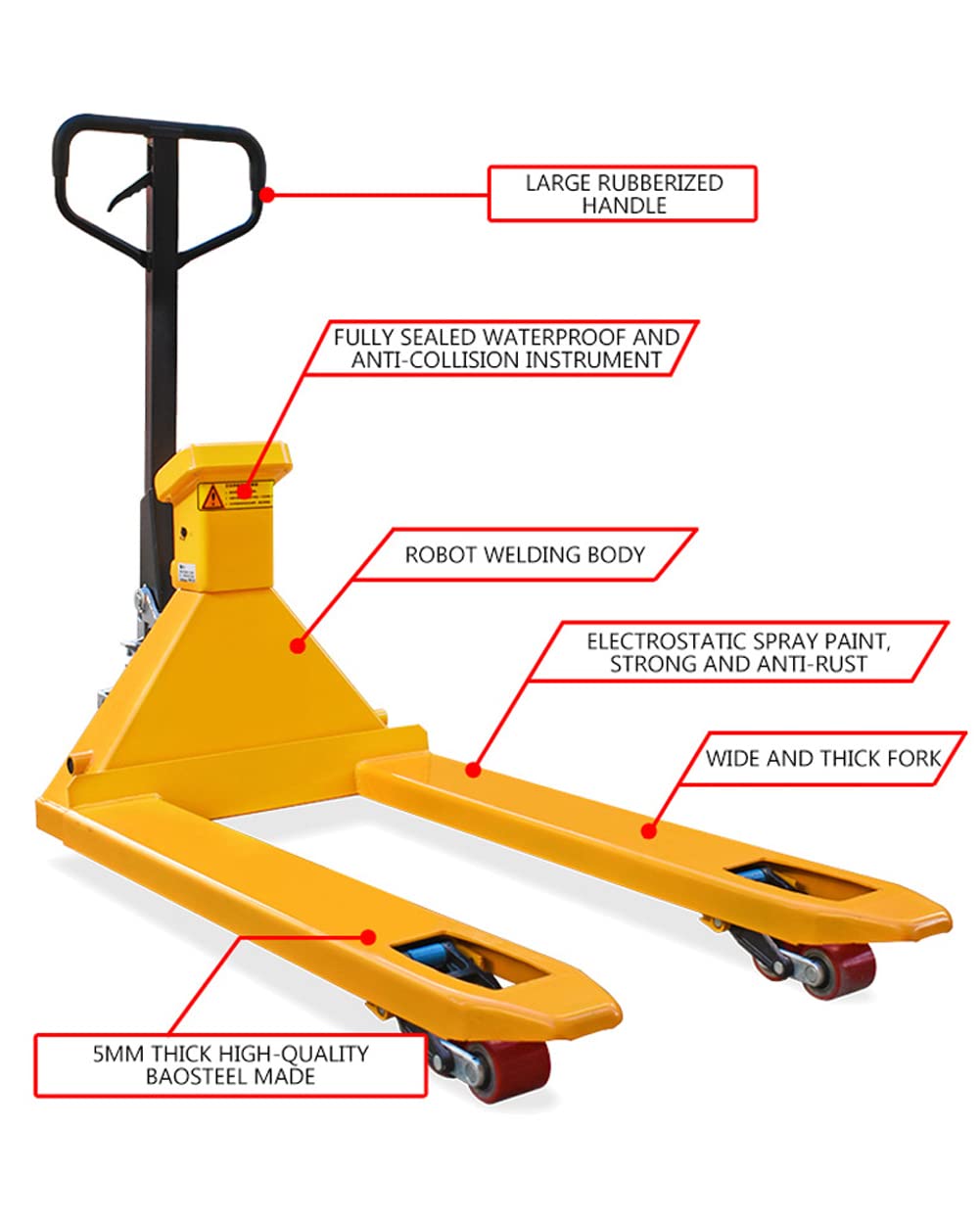 Transpalette à pompe manuelle 2000 kg avec échelle électronique, mini transpalette de type 1200 mm x 550 mm/1200 mm x 682 mm taille de fourche, pour la manipulation du matériau