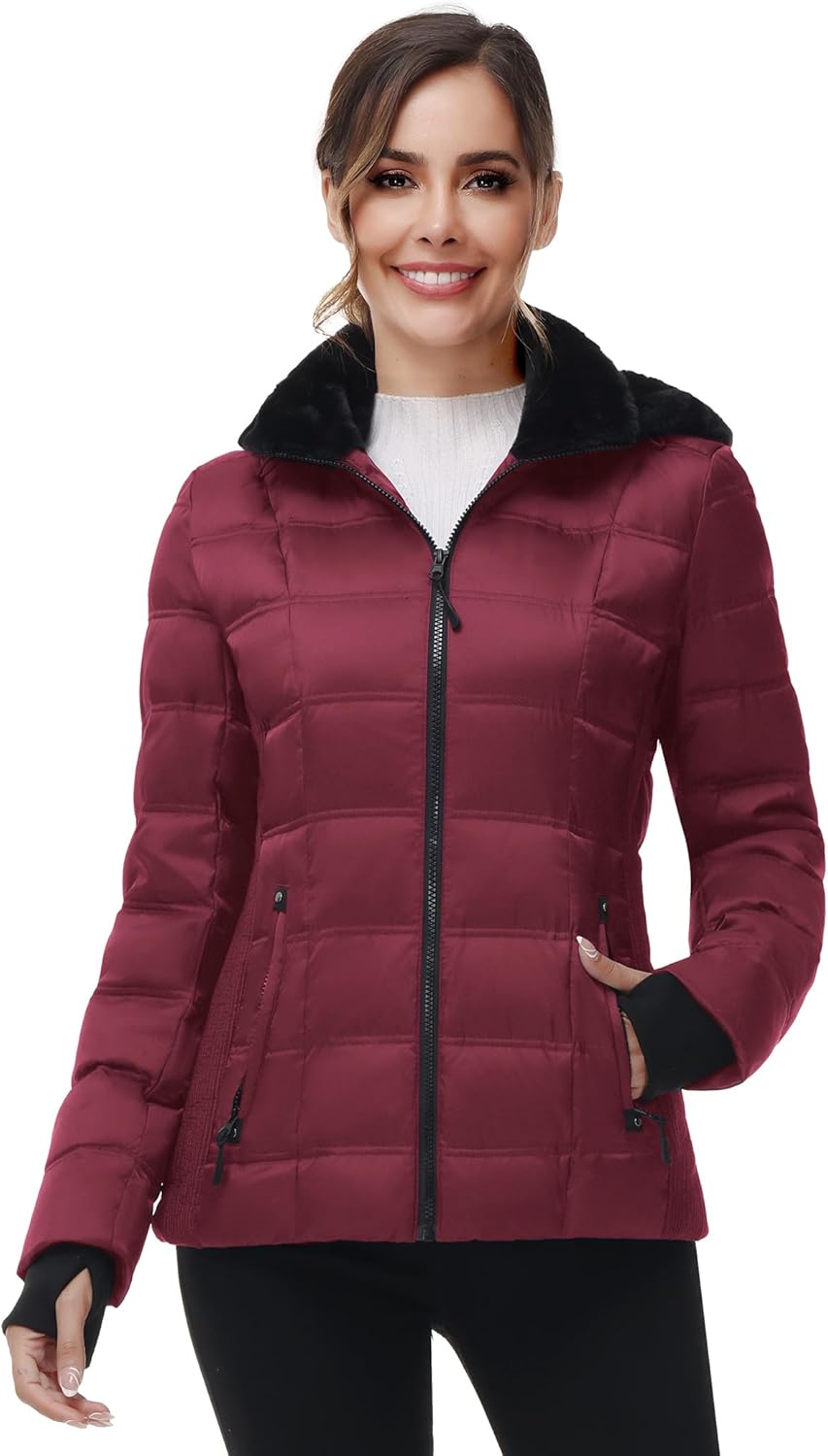 Women Warm Winter Down Puffer Jacket-Hooded Winter Puffer Coat for Women with Faux Fur Lined Hood and Collar