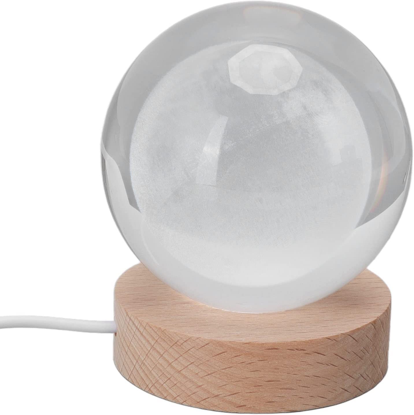 Lámpara Luna en Bola de Cristal LED Con Base de Madera - 8 cm - Para Escritorio y Hogar - Grabada en Láser - Ideal Para Regalar
