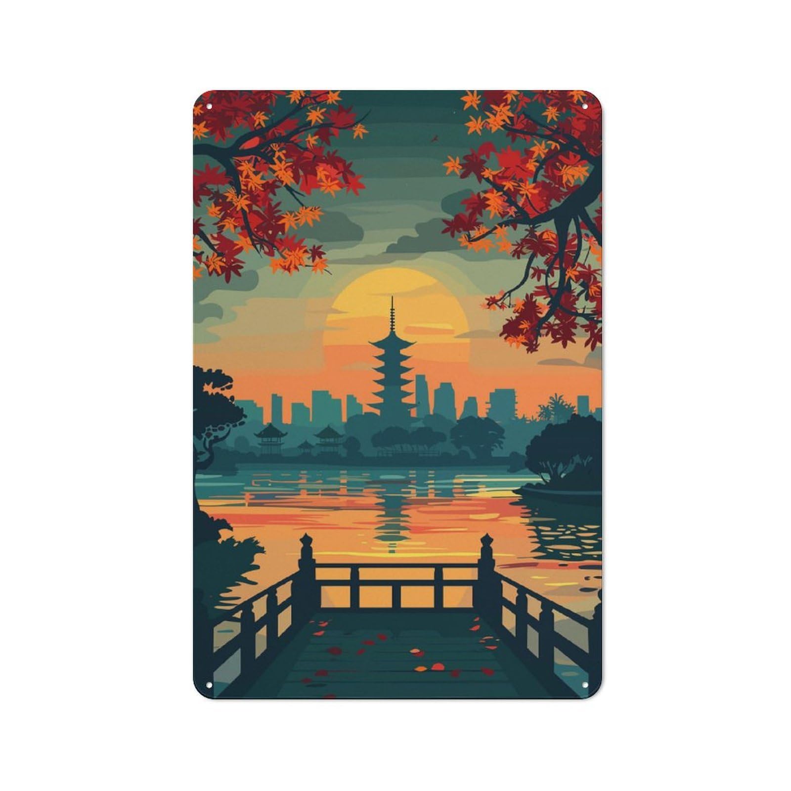 Junmoney Style-3 Casual Japanese Pagoda Sunset Landscape Illustration Shed Metal Sign 30X20cm, Shed Wall Decor For Greenhouse, Garden Room, Cafe Or Entryway