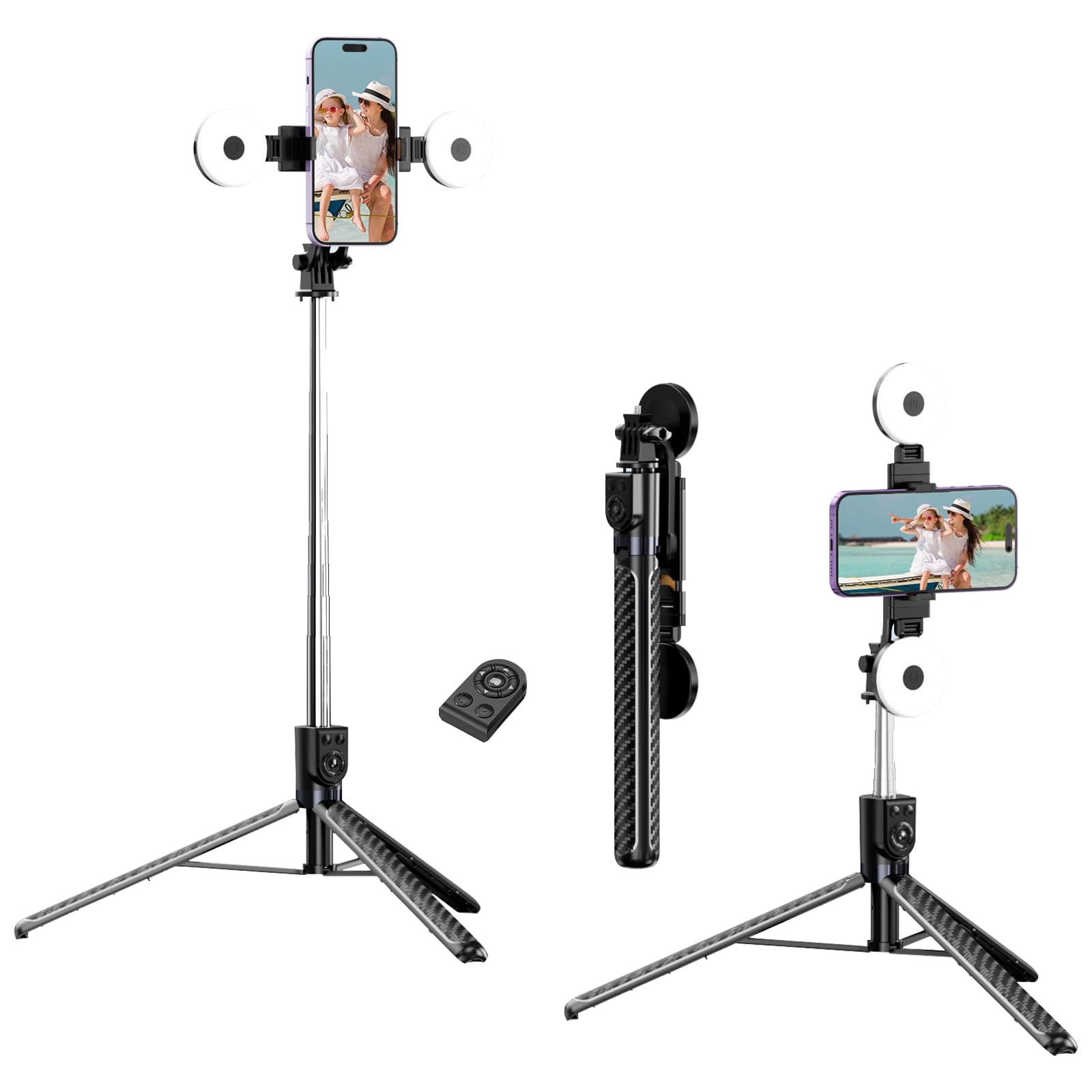 Yakiter 170cm Cell Phone Selfie Stick Tripod, All in One Extendable Cell Phone Tripod with Wireless Remote & 2 Removable Fill Light, 360° Rotatable Portable Tripod Stand compatible with iPhone/Android