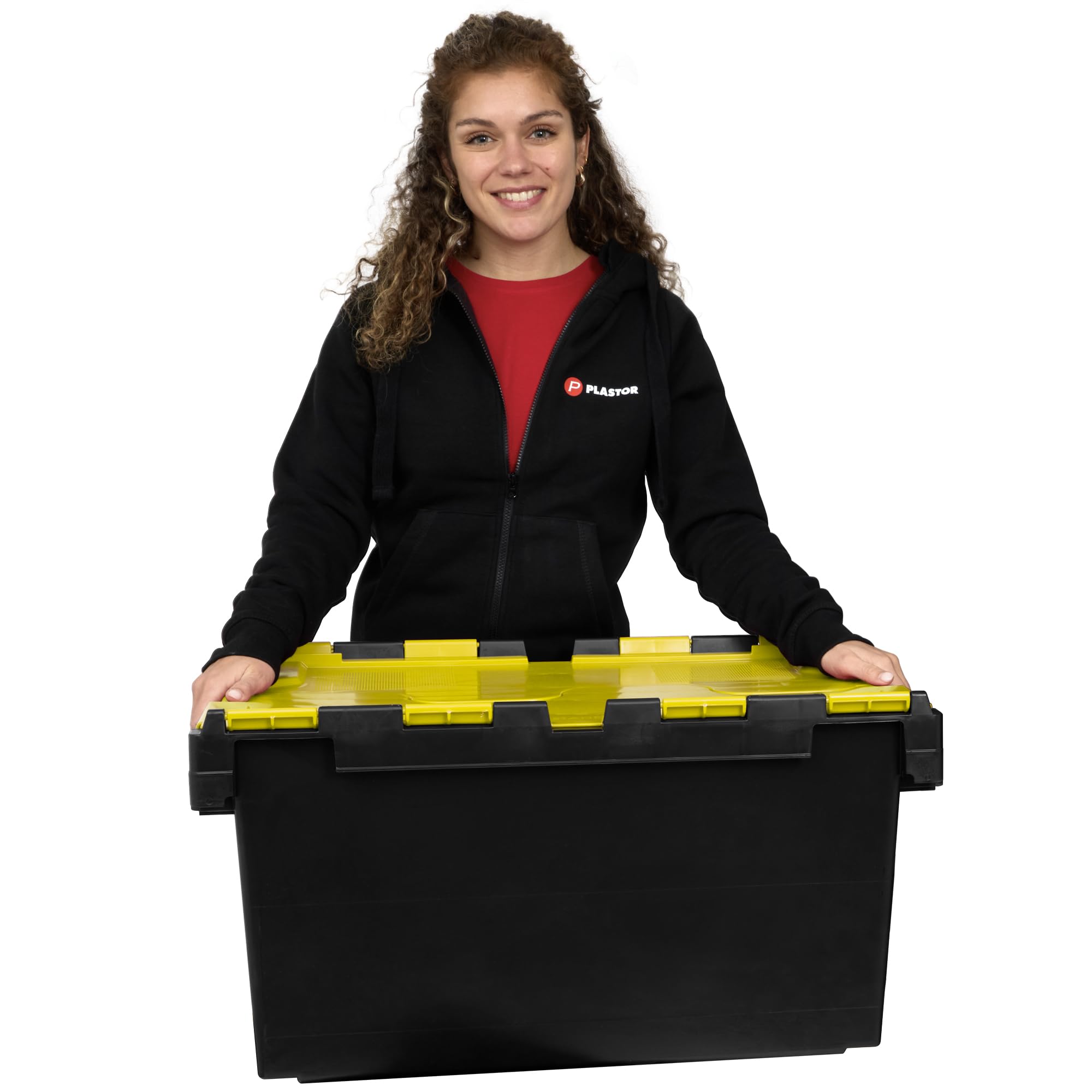 Plastor 1 x Large Plastic 80 Litre Heavy Duty Storage Box (71 x 46 x 36.8cm) Black and Yellow LC3 Crate with Attached Hinged Lid