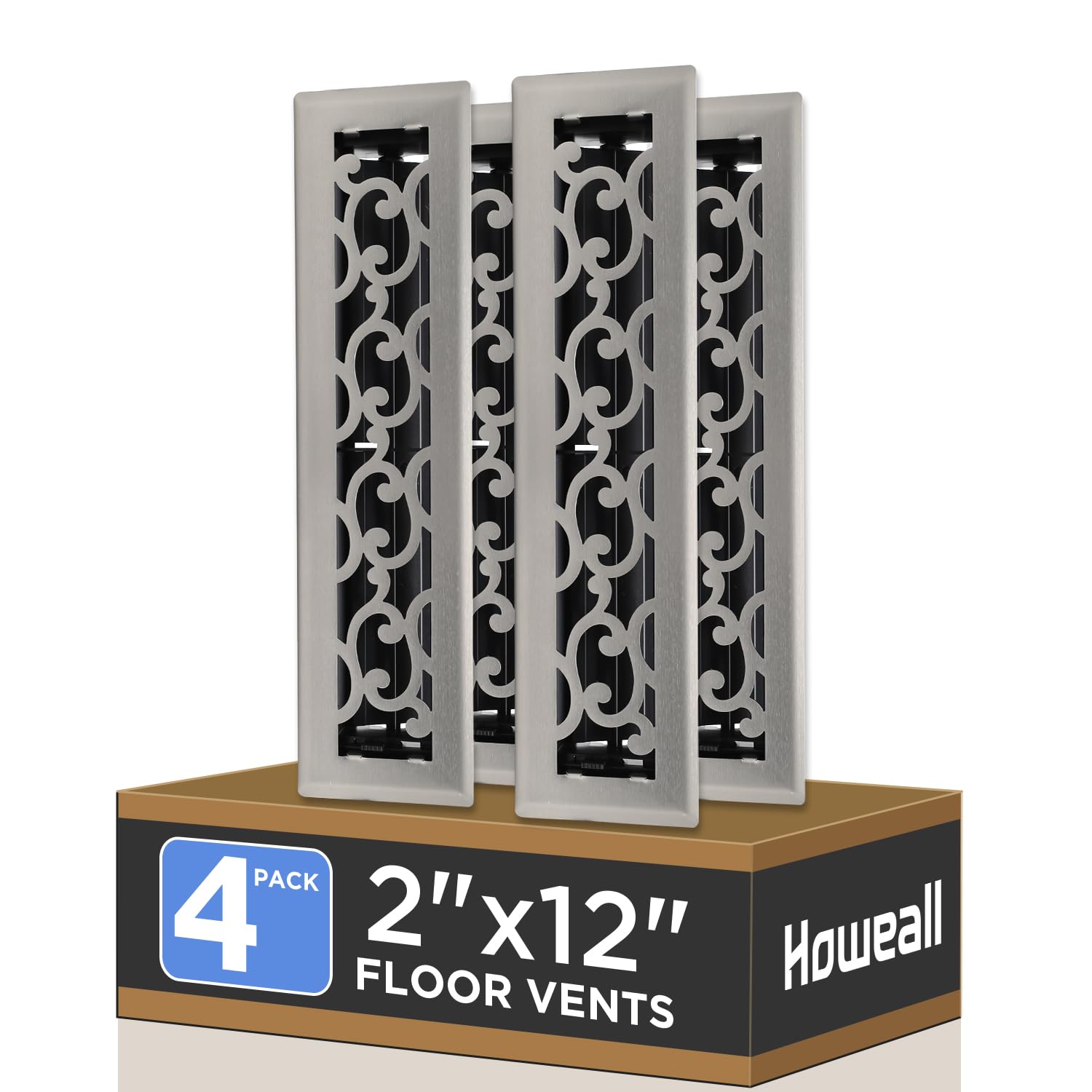 Howeall 2x12 Inches 4 Pack Heavy Duty Walkable Floor Register - Easy Adjust Air Supply Lever Decorative Floor Vent Covers, Savannah Design Vent Covers for Home - Satin Nickel