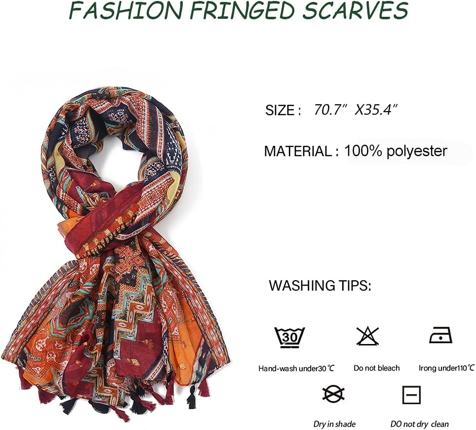 Yeieeo Boho Scarf for Women Lightweight Floral Printed Scarf Fall Winter Fashion Fringed Shawl - Image 4