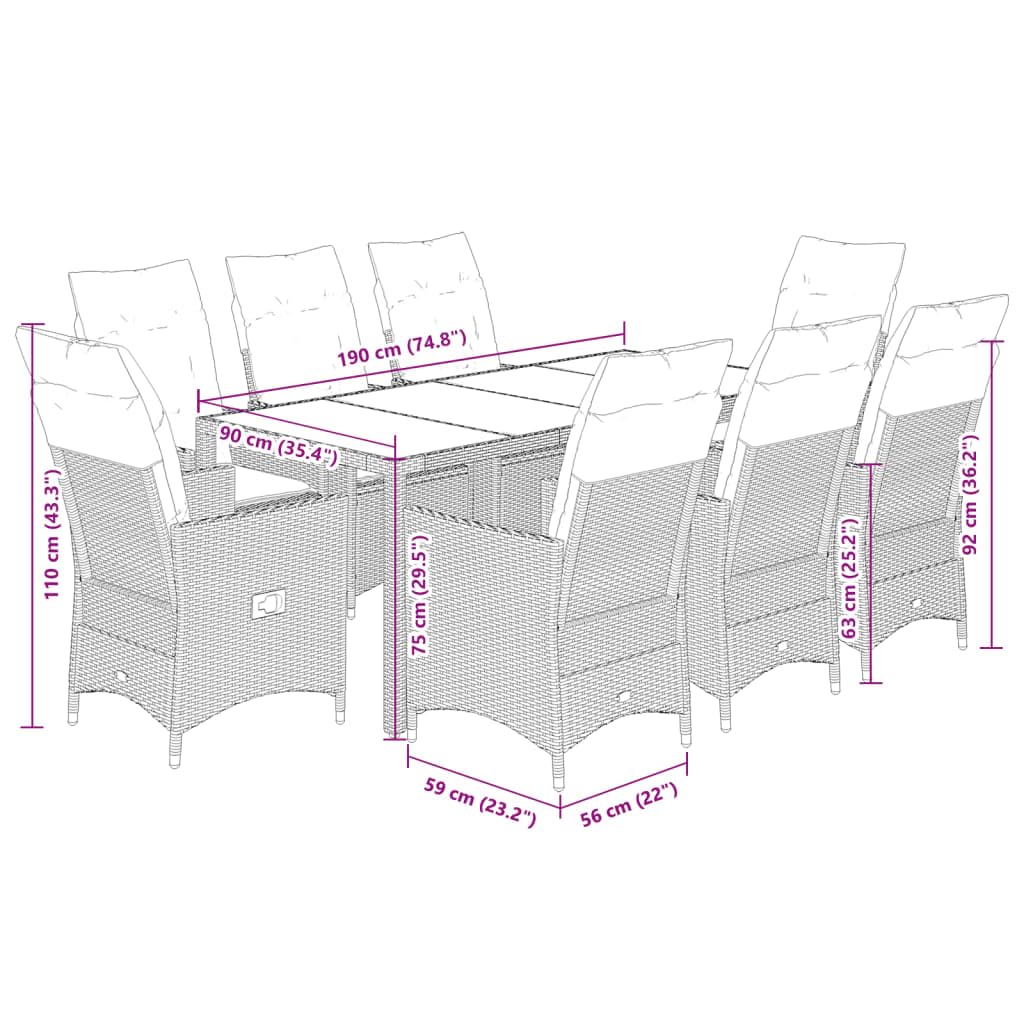 vidaXL Garten Essgruppe 9-TLG., Gartenmöbel Set mit Kissen, Gartengarnitur Tisch 8 Stühle, Sitzgruppe für Terrasse Garten, Grau Poly Rattan