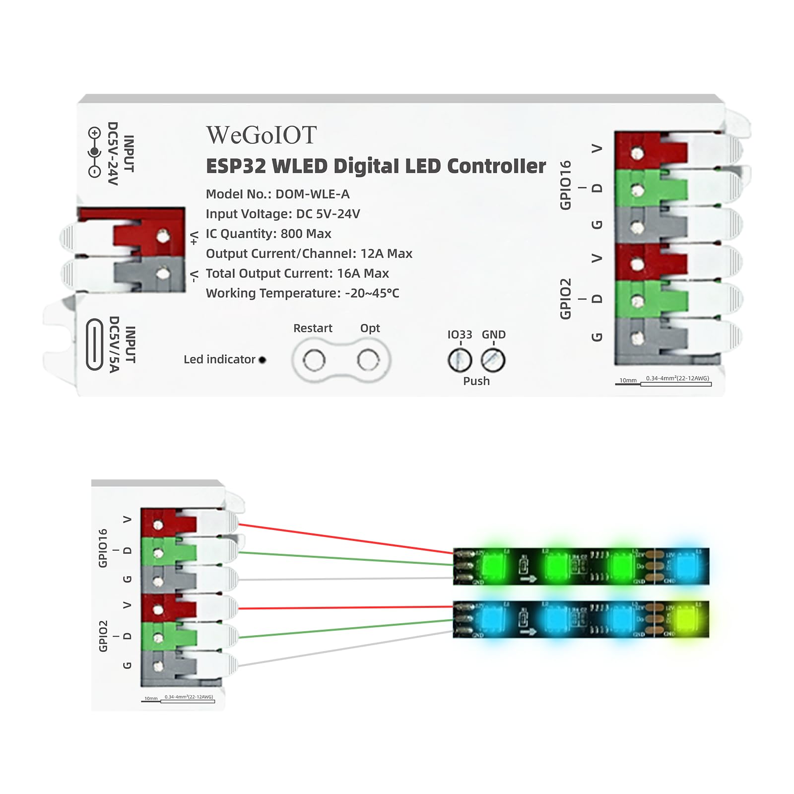 ESP32 WLED LED Strip Controller Dynamic RGB IC DIY Port WiFi App Control Easy Wiring Terminal for WS2811 WS2812B SK6812 SM16703P FCOB Addressable Strip Light-image-47
