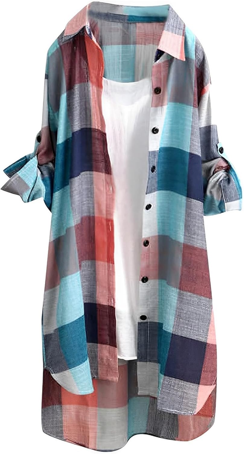 ロールアップ　チェック柄シャツワンピース 長袖 チェック柄シャツワンピース ワンピース 長袖[品番：AMSW1777237