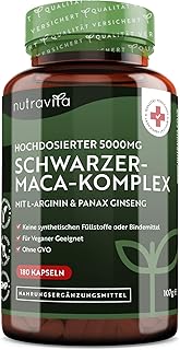 Schwarzer Maca Komplex - Hochdosiert mit 5000mg - 180 vegane Kapseln - Zusätzlich mit Panax Gingseng und L-Arginin - Labor...
