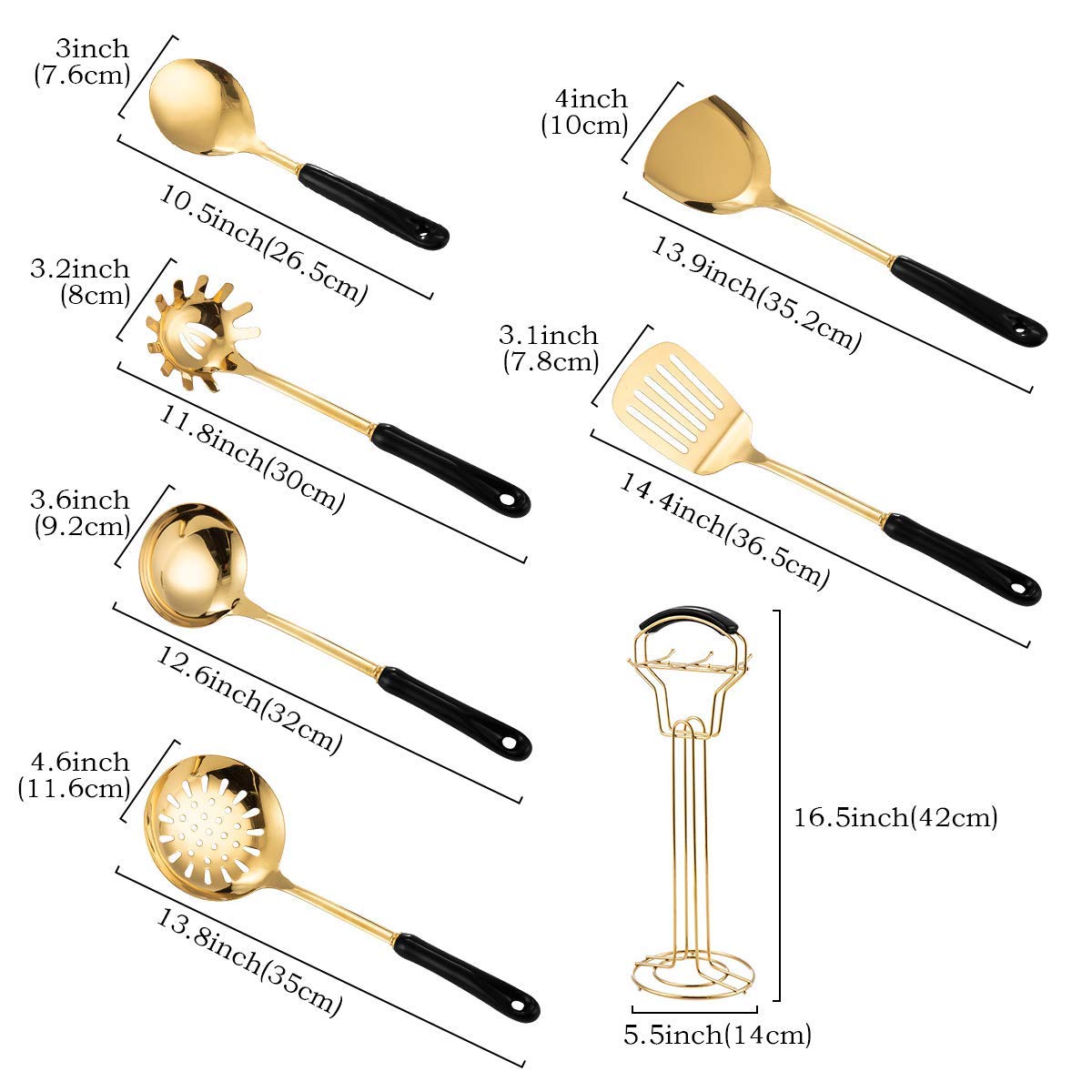 Küchenhelfer-Set 304 Edelstahl 7-teilig Gold Breite Spatel Suppenkelle Sieb Schlitzspatel Spaghetti Server Reislöffel Grün (Schwarz)