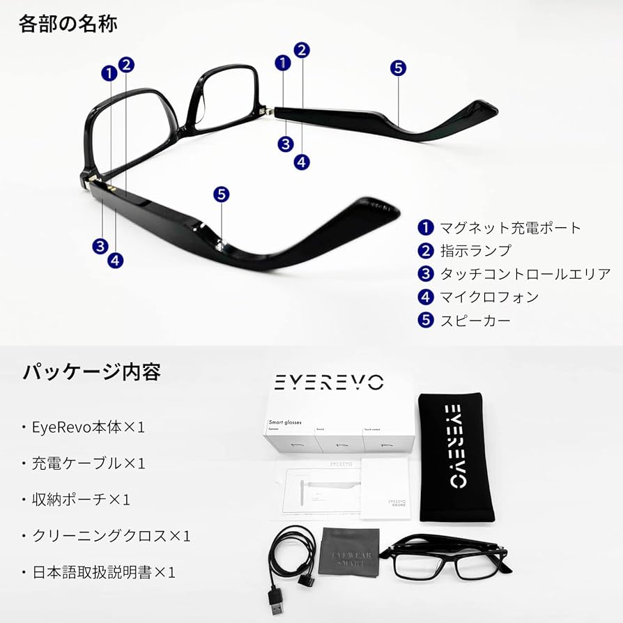 EyeRevo スマートメガネ  日本製ブルーライトカットレンズ S45 EyeRevo スマートメガネ オーディオグラス 日本製ブルーライト