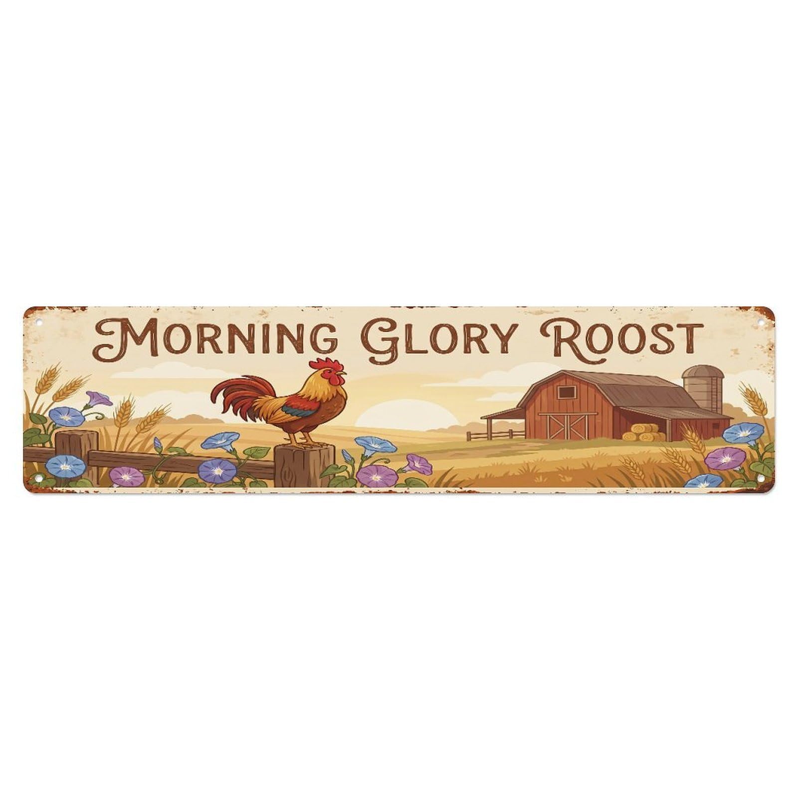 Metal Tin Sign Vintage Rooster Farm Scene Morning Glory Roost