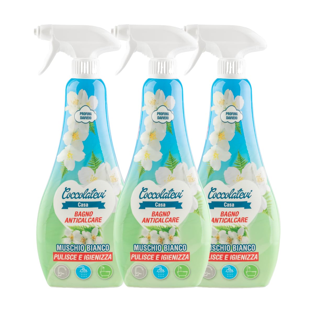COCCOLATEVI Spray Anticalcare Bagno Muschio Bianco 750 ml x 3, Detergente Bagno Super Profumante, Rimuove Calcare e Residui di Sapone, Lucida e Protegge, Pulisce e Igienizza