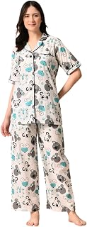 Shrvan Shop Women's Cotton Animal Printed Night Suit top & Pyjama Set (White Grey) Price In India