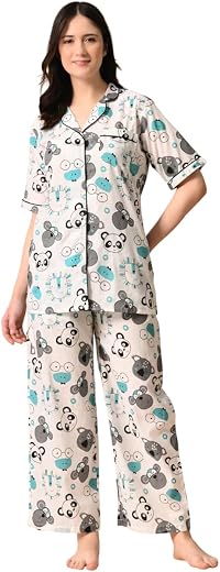 Anisha craft Women's Cotton Animal Printed Night Suit top &amp; Pyjama Set (White Grey)