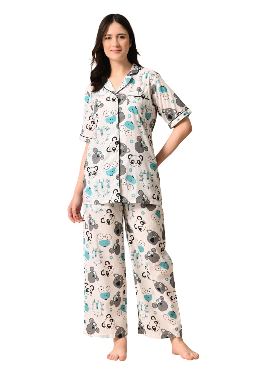 Rangvika Women's Cotton Animal Printed Night Suit top & Pyjama Set (White Grey)-picture-16