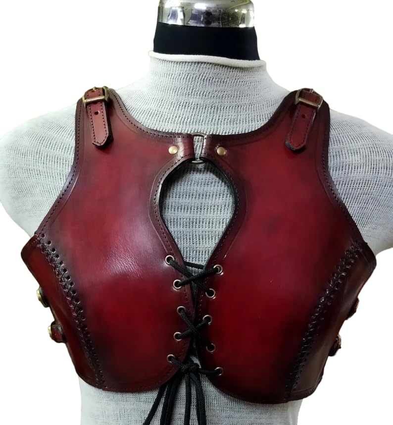 NauticalMart Female Armor, Leather Viking Lady Chest Plate LARP Cosplay Medieval Body Armour (Red)