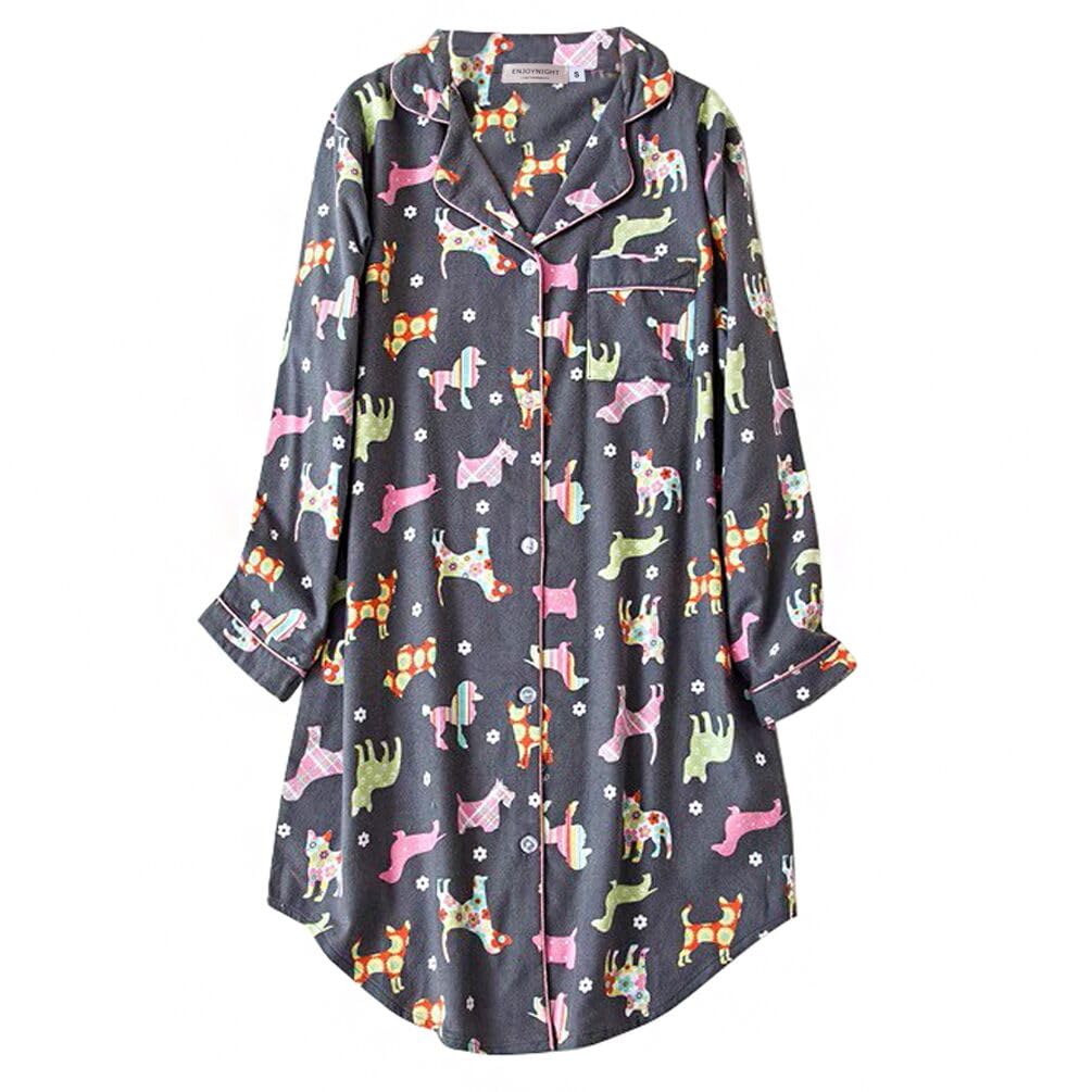 ENJOYNIGHT Women's Sleep Shirt Flannel Print Pajama Top Button-Front Nightshirt Sleepwear