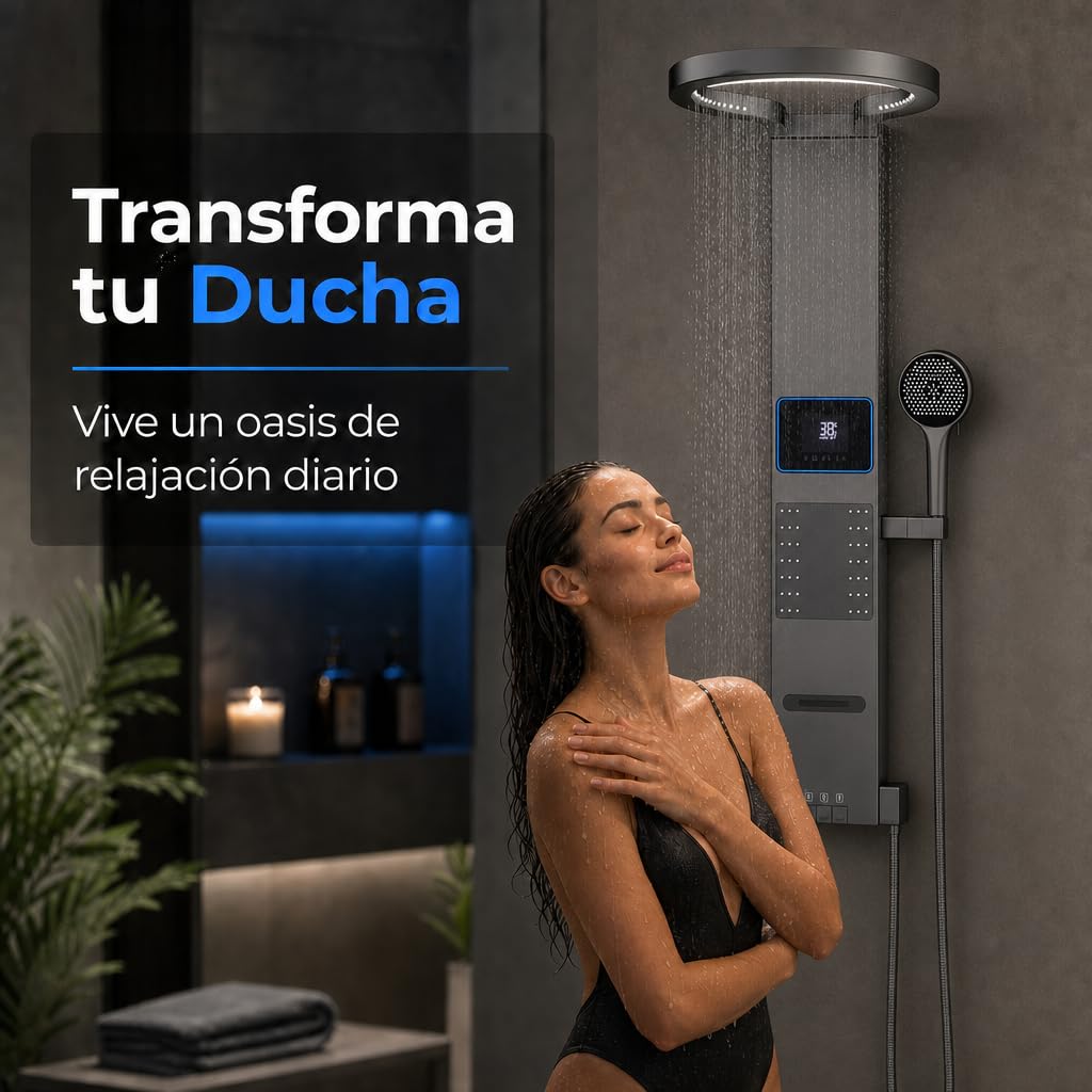 INEX EUROPA Panel de Ducha Termostática de Lujo Gris Titanio - Columna de Ducha Hidromasaje 10 Años de Garantía con 4 Modos de Operación - Torre de Ducha 105 cm Altura Daytona Collection