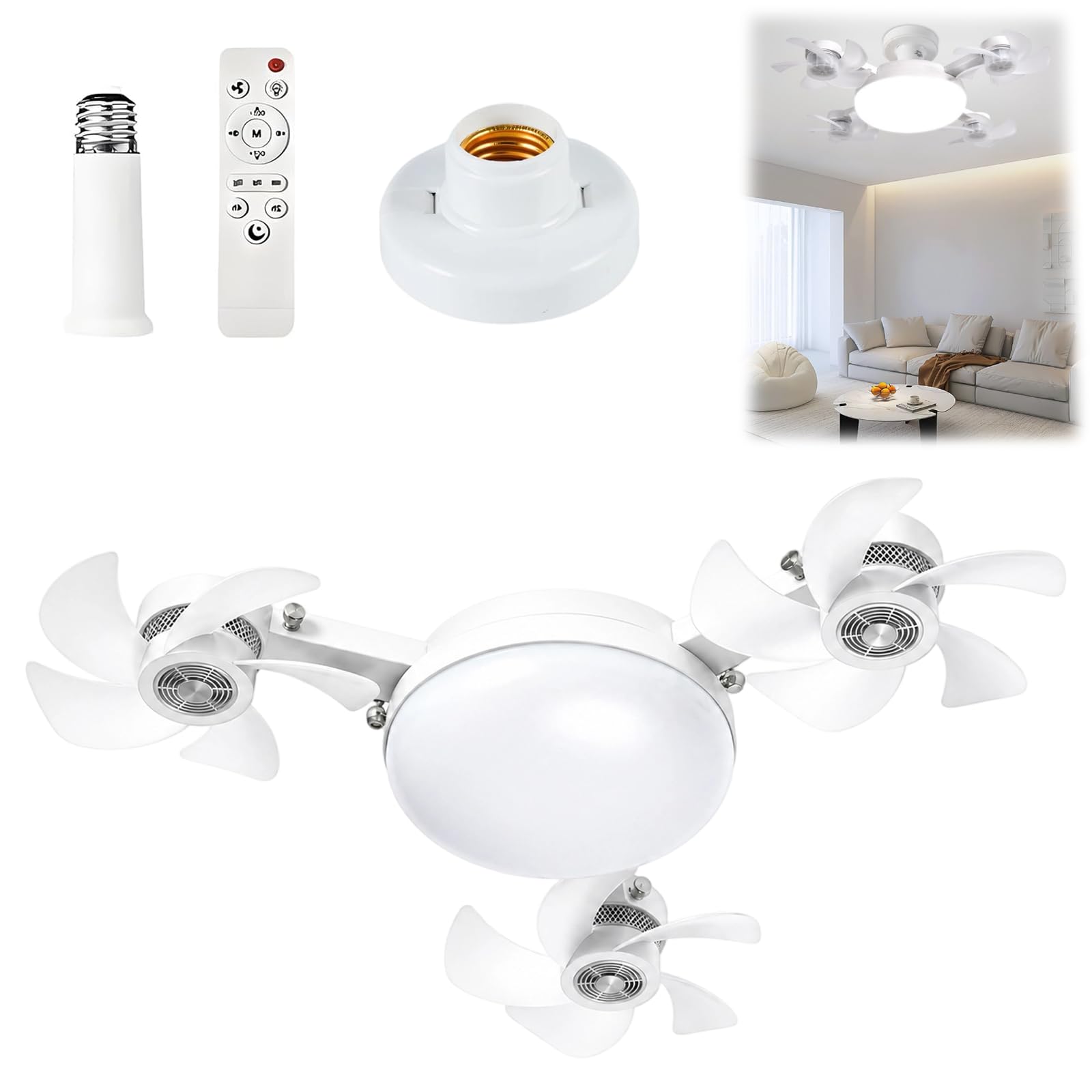 Jmwub Ceiling Fan Light – 2-in-1 Silent Led with Remote, E27 Socket Lightbulb Fan, 3 Color Modes & 3 Speeds Wide Airflow Adjustable Angle for Bedrooms, Living Rooms & Conservatories (3-Head)