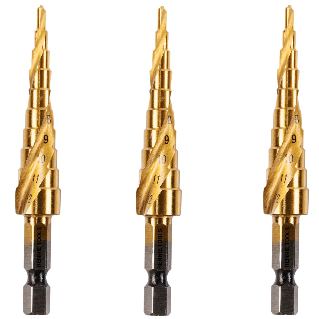 3 Pack, 3mm to 12mm Spiral Flute Step Drill Bits High Speed Steel Titanium Coated, Metric Hex Shank
