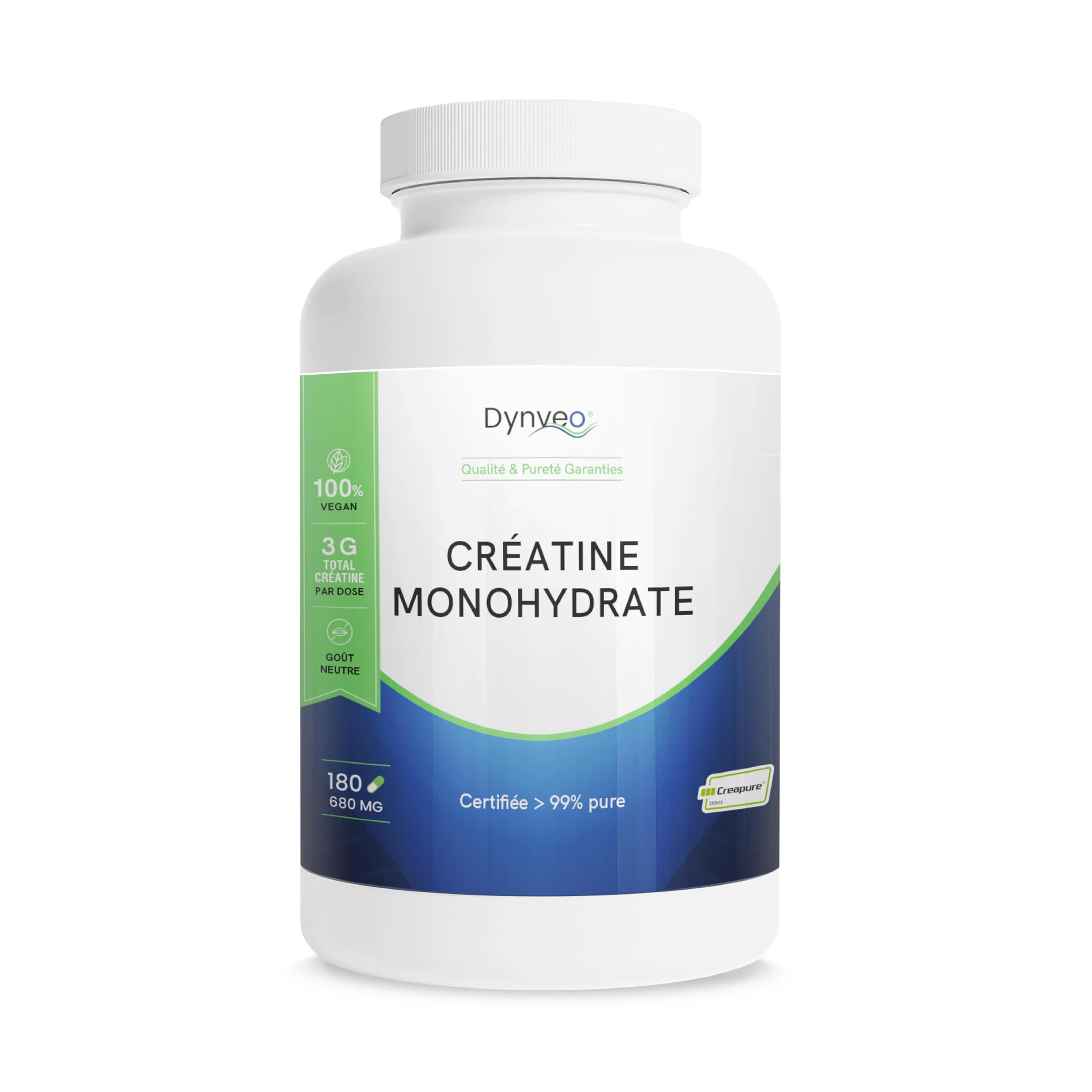 Créatine Monohydrate Creapure® en 180 Gélules 680mg - Force Musculaire & Performances physiques - 100% pure - Adaptée à tous - Haute assimilation - Fabrication Allemande - Dynveo
