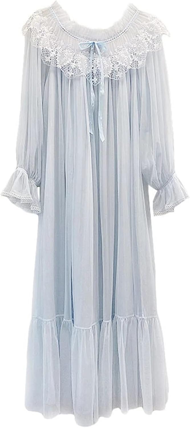 ネグリジェ パジャマ レディース 女性の女性バスローブロングガウンプリンセスレースナイトドレス 部屋着 (色 : Blue, Siz
