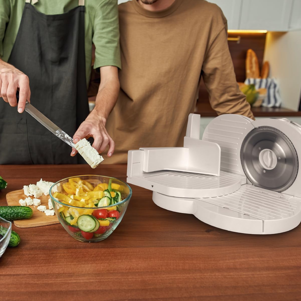 Cortafiambres Eléctrico Blanco – Rebanadora de Cocina Ligera y Duradera con Cuchilla Afilada para Fiambres, Embutidos, Frutas y Verduras – Diseño Elegante y Fácil de Limpiar