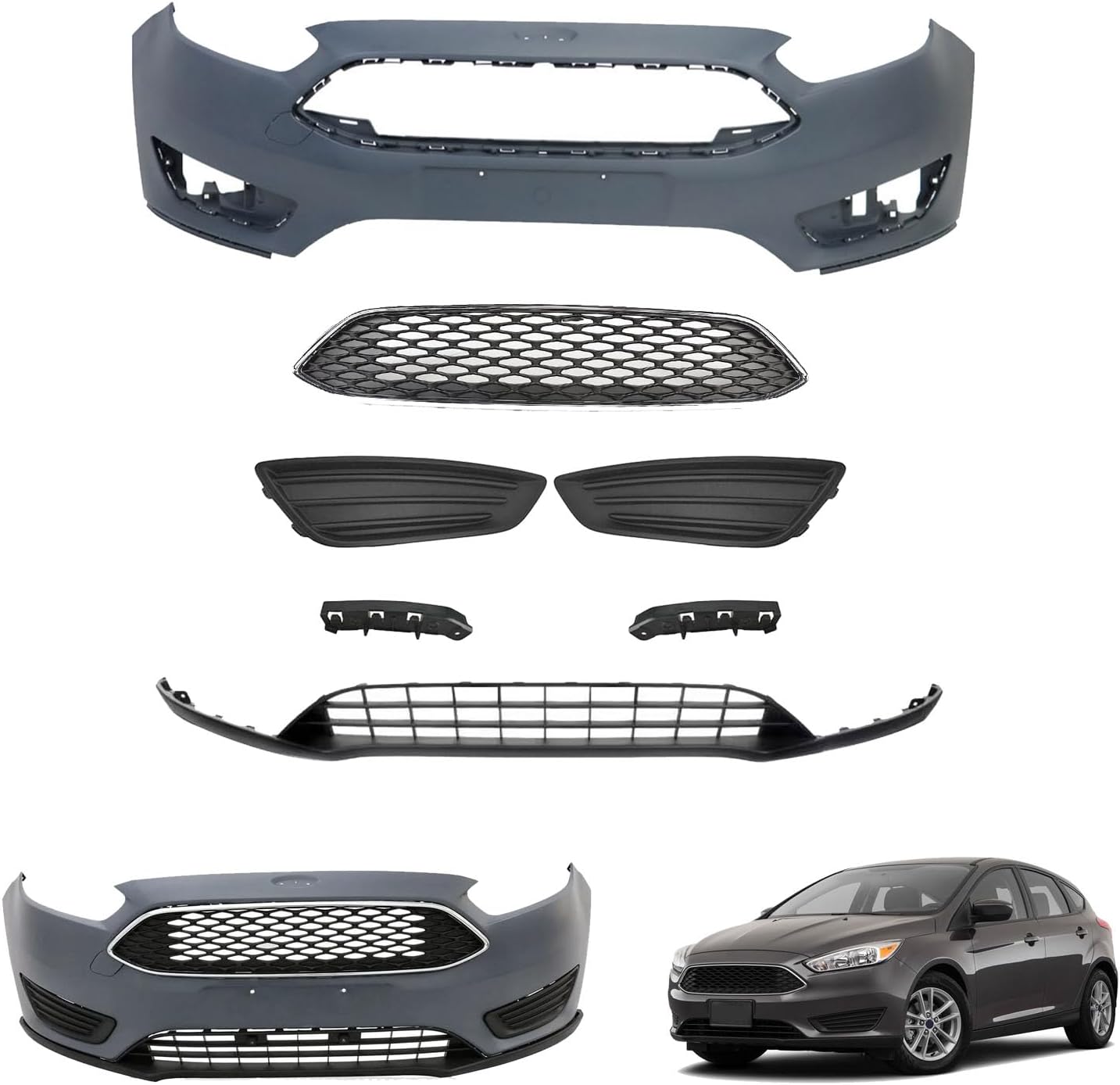 Focus Front Bumper Cover Full Kit Compatible with 2015 2016 2017 2018 fo-rd Focus S SE SEL Titanium Sedan/Hatchback 1.0L 2.0L Bumper with Upper Grille & Lower Grille & Fog Light Cover