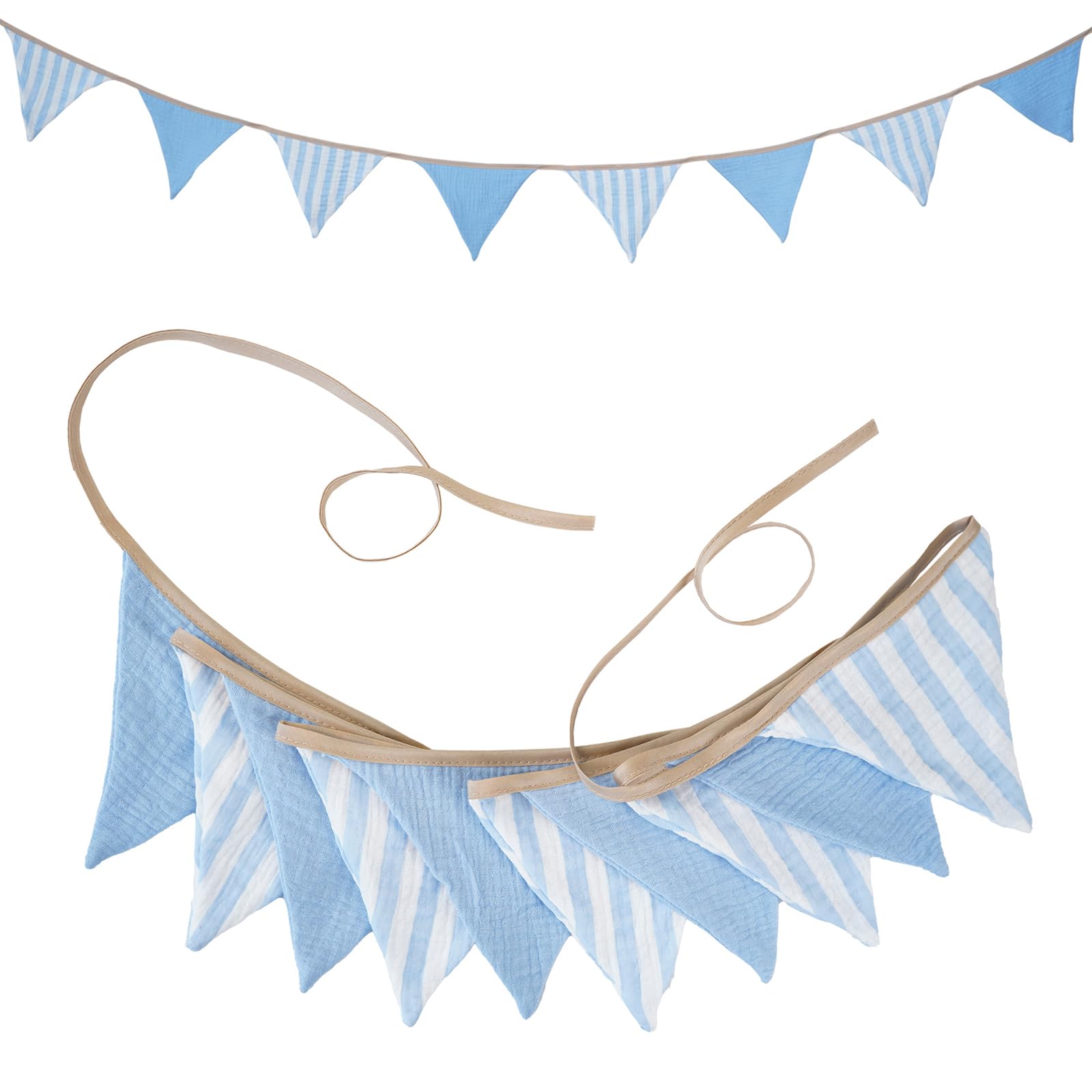G2PLUS Muslin Fabric Bunting for Nursery: 10PCS Double Side Cloth Triangle Banner, Sky Blue Cotton Bunting Banner for Baby Room, Nursery, Baby Shower Decor, 2.6m
