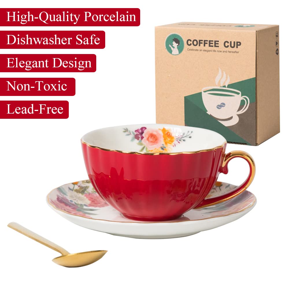 Amazon.com | JOYOFUN Red Tea Cup and Saucer,Porcelain Coffee Cup