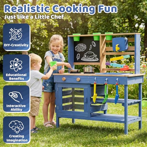 Wooden Outdoor Mud Kitchen for Kids, Pretend Play Kitchen Playset with Removable Sink, Faucet, Stove Top, Planting Area & Cooking Accessories, Toddler Gift for Boys Girls Ages 3+ (Blue) - image 4