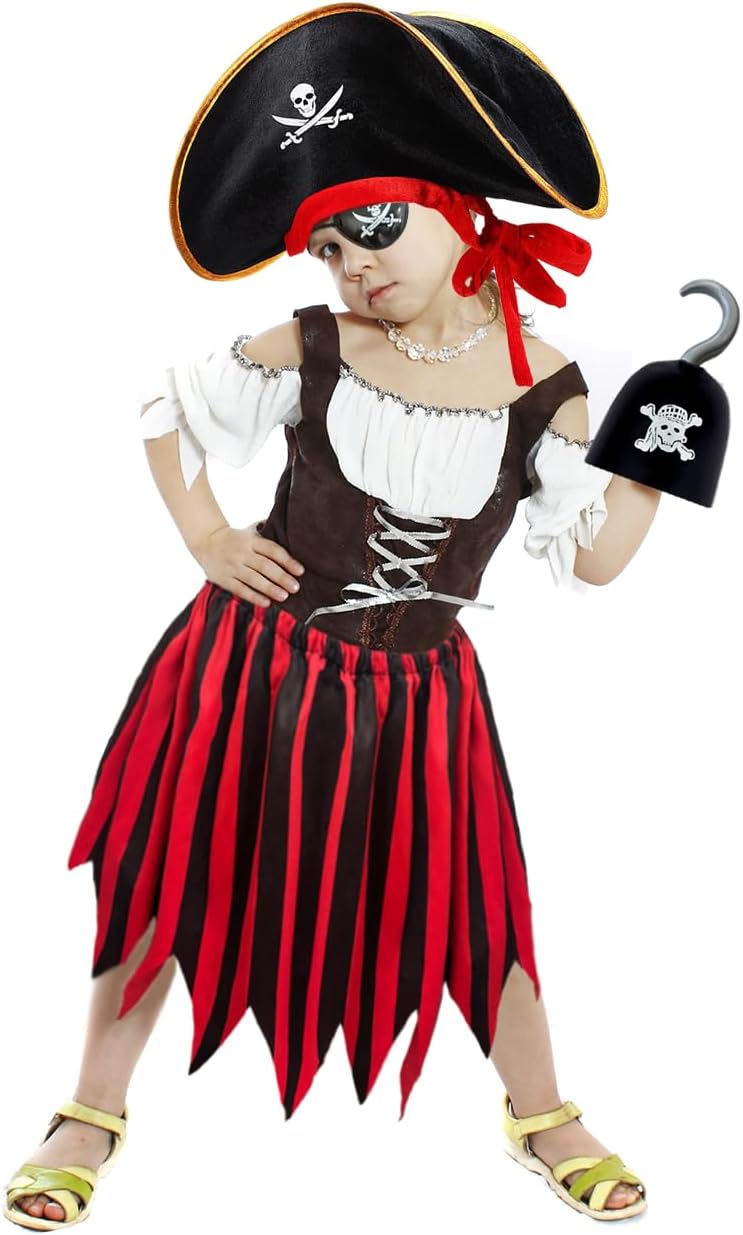 MEDIUM 5Pcs Pirate Costume Kids,Girls Pirate Costumes Halloween Pirate Dress Up Pirate Accessories for Kids Gift