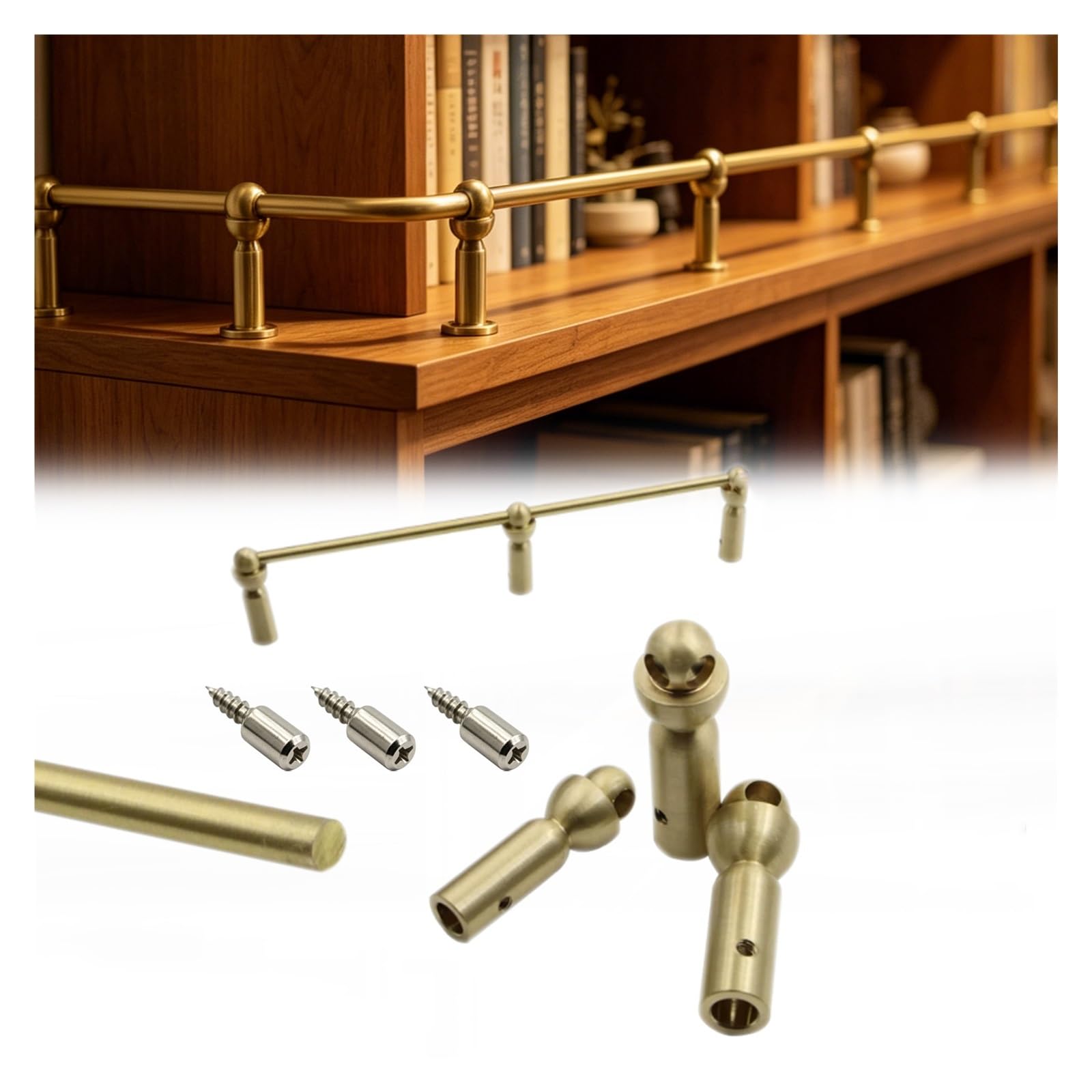 Hphdfs Type B Custom Bookcases Shelf Rail Protector 20-158 Cm, Brass Wine Cabinet Decor Railing With Posts & Screws, Anti-Tipping Gallery Bar For Glassware, Collectibles(,L 46Cm/18.1")