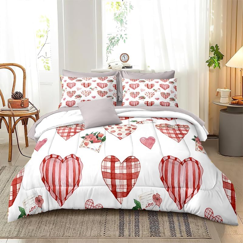 Pink and White Plaid Hearts Valentine Comforter Set King 3-Pieces Microfiber Bedding Quilt for Girls Teens Couple