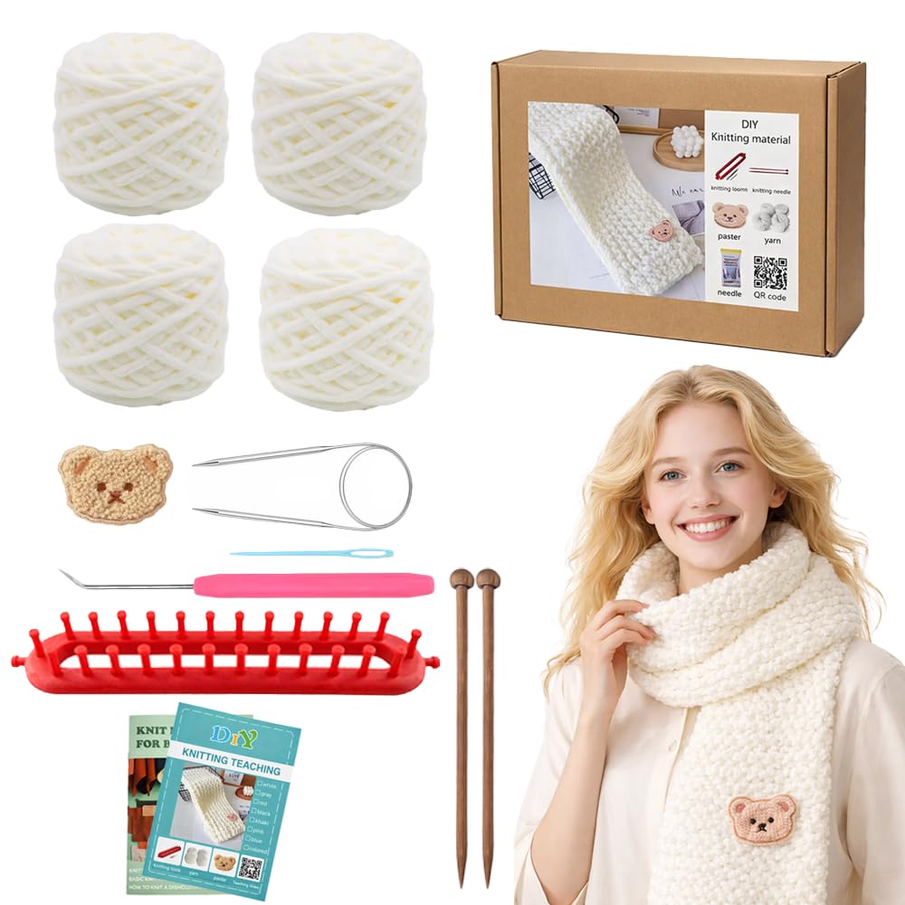 Strickwebstuhl-Set für Anfänger, Schal-Stricksets mit Garn und Werkzeugen (weiß)
